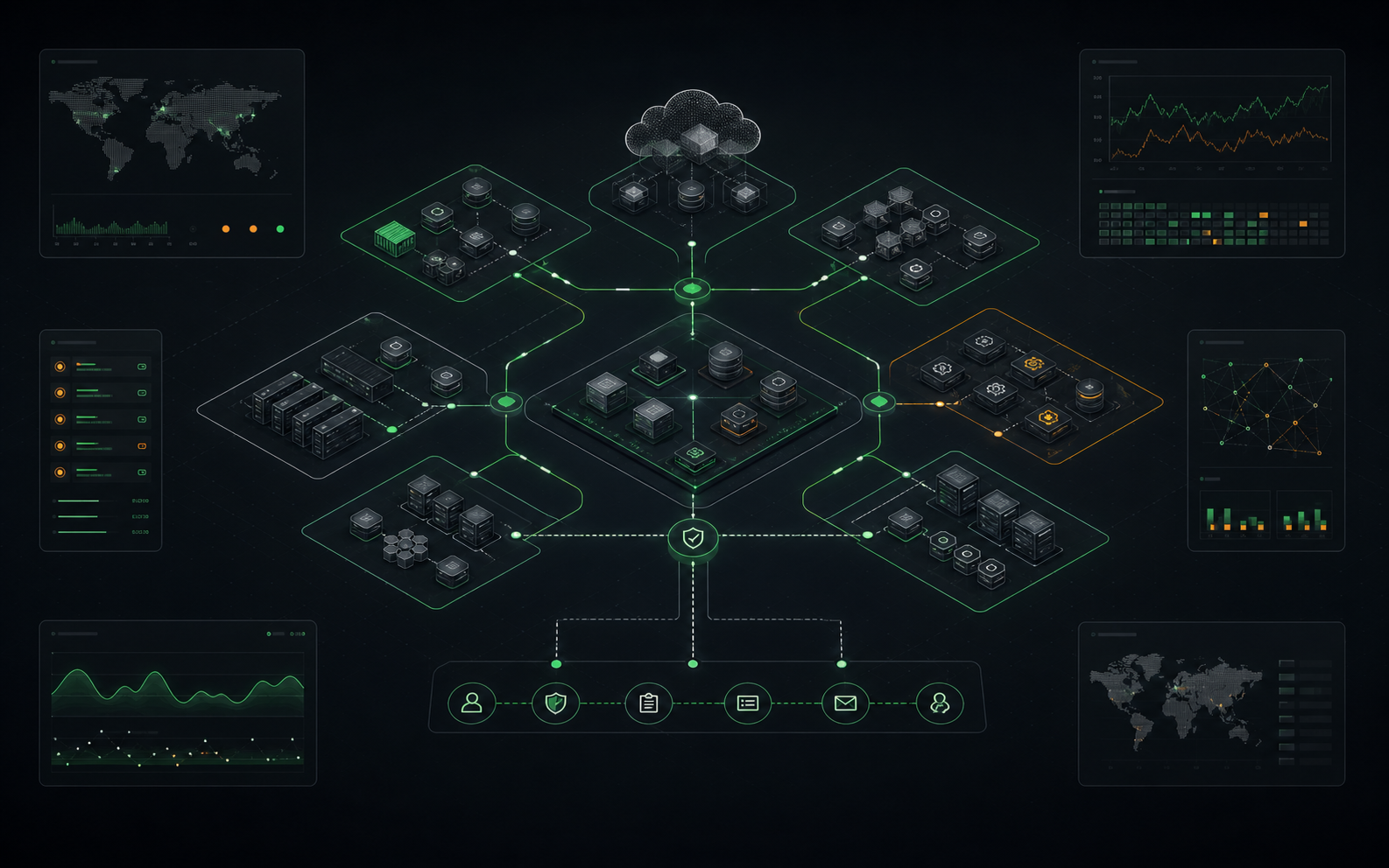 Abstract operations topology with service boundaries, audit rails, and telemetry paths.